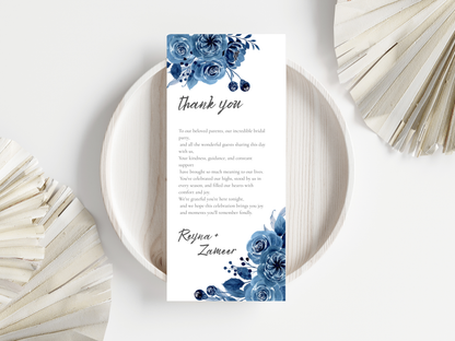 Blue Floral Wedding Menu & Thank You Card Set, Editable Template, Place Card.WI213