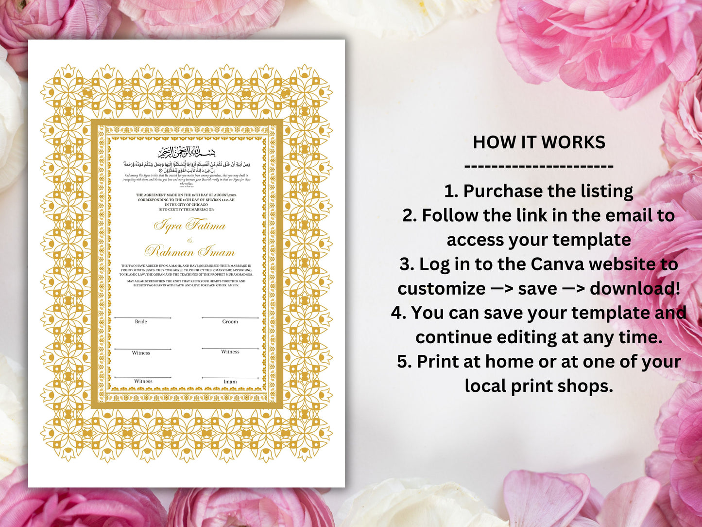 Luxury Nikkah Certificate in Pdf Format, Digital Download Nikkah Contract, Digital Traditional Islamic Wedding Agreement. NT217