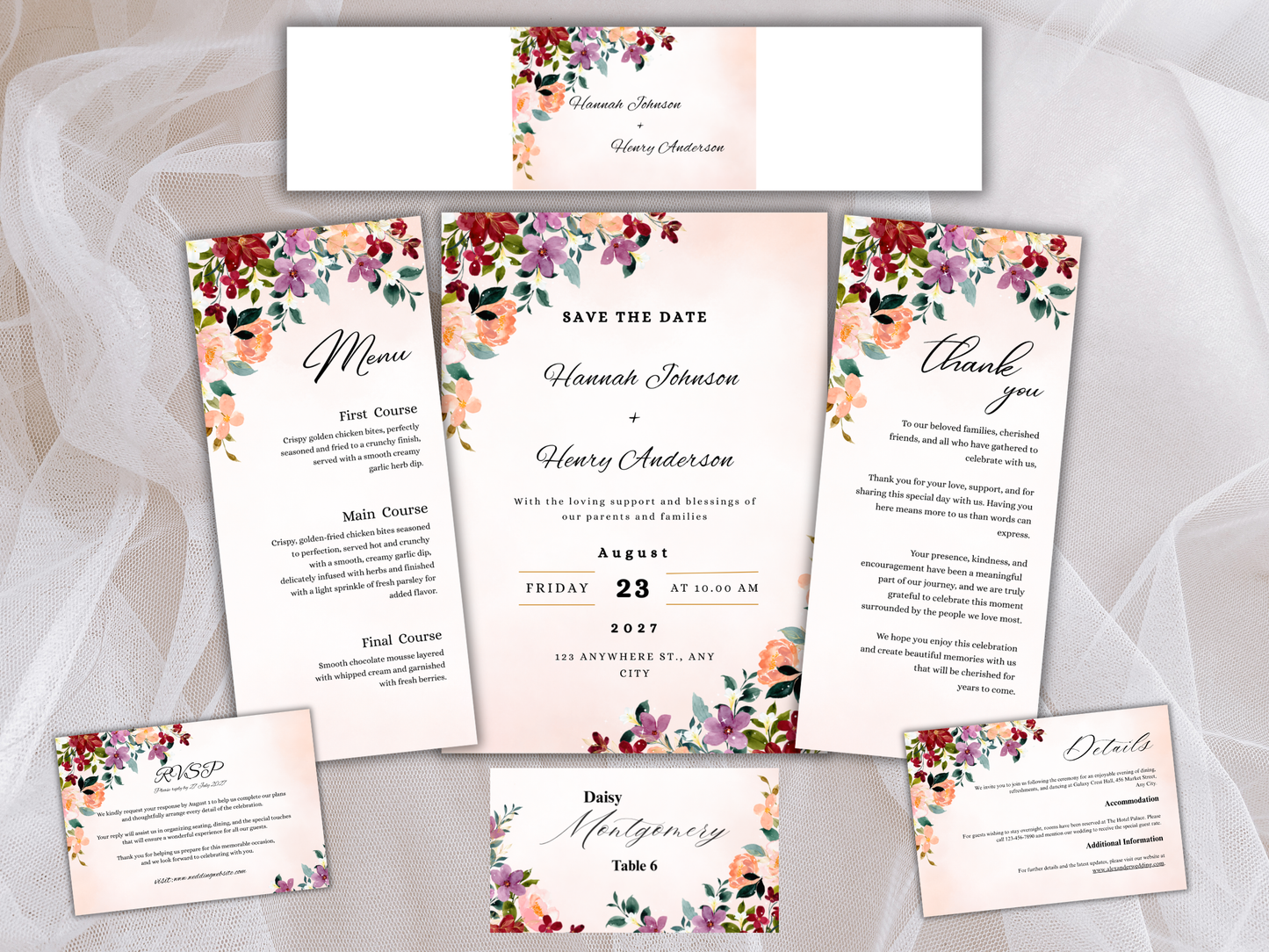 Burgundy Floral Wedding Invitation Suite, Editable RSVP, Details, Menu & Thank You Card (Digital Download) | MTC381
