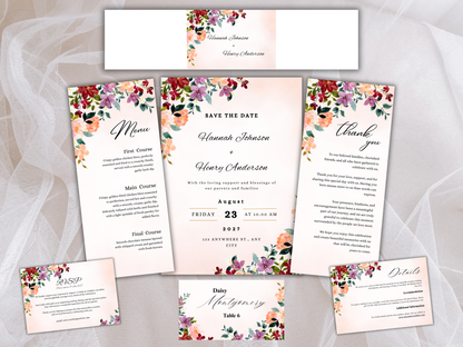 Burgundy Floral Wedding Invitation Suite, Editable RSVP, Details, Menu & Thank You Card (Digital Download) | MTC381