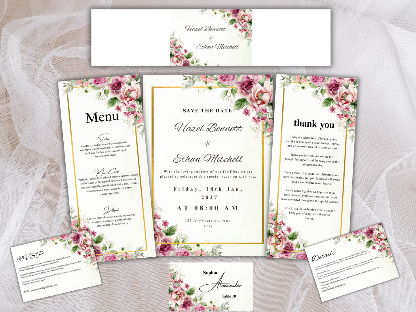 Floral Wedding Invitation Suite, RSVP, Details, Menu & Thank You Card, Bottle label, Digital Download MTC413