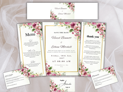 Floral Wedding Invitation Suite, RSVP, Details, Menu & Thank You Card, Bottle label, Digital Download MTC413
