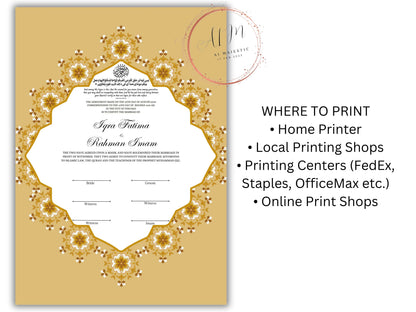 Customized Nikkah Certificate, A4/A3 Contract Digital Nikah Nama, Islamic Marriage Certificate, Muslim Marriage Contract Gold.NN228