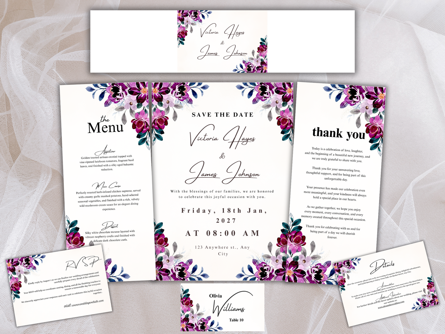 Plum Purple Floral Wedding Invitation Suite,  RSVP, Details, Menu & Thank You Card, Digital Download  MTC411