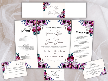 Plum Purple Floral Wedding Invitation Suite,  RSVP, Details, Menu & Thank You Card, Digital Download  MTC411