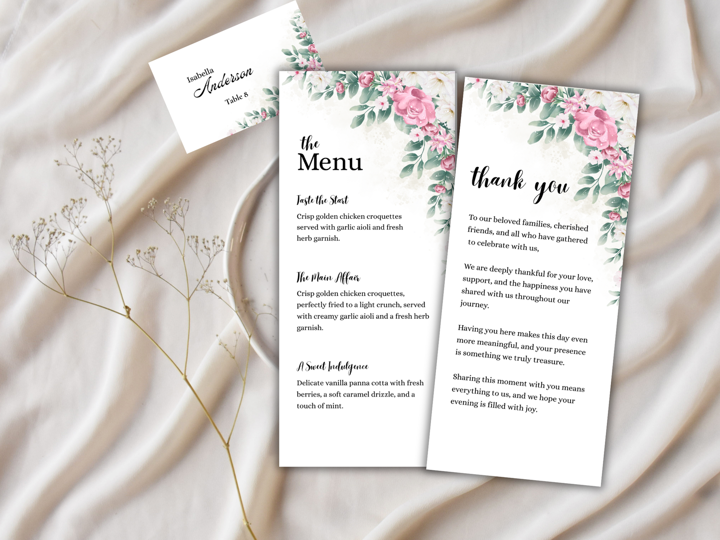Wedding Thank you Card, Menu Card, Table Card. WI327