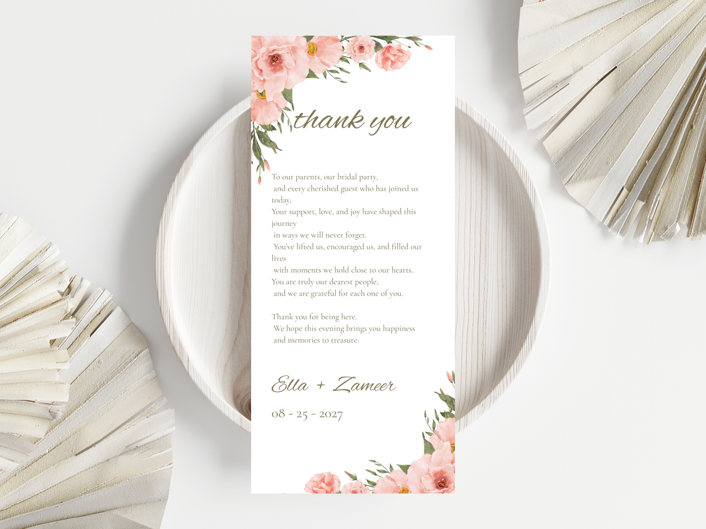 Floral Wedding Menu & Thank You Template | Editable Canva Place Card. WI211