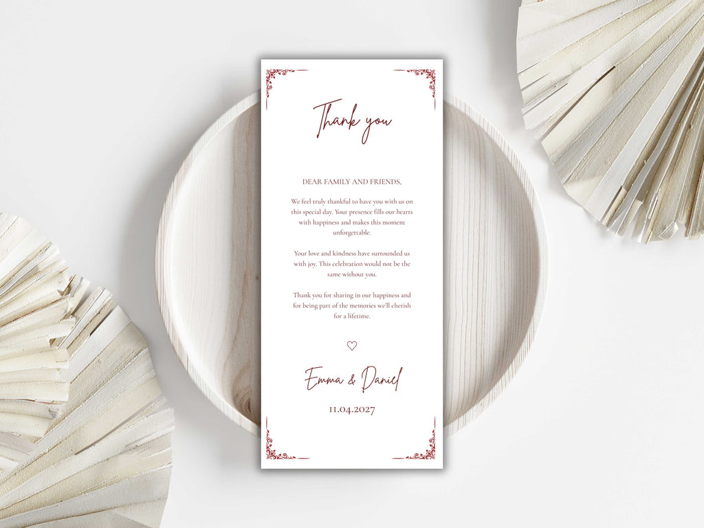 Wedding Menu Template, Thank You Card, Place Card. WI201