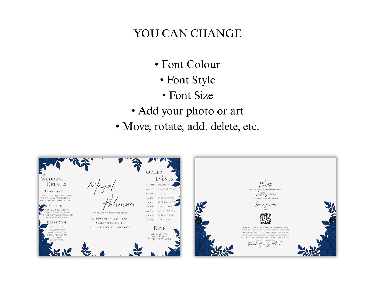 Elegant Gatefold Wedding Invitation | Blue Floral Printable Invite | Modern Ceremony Reception Card | Editable Template. WI133