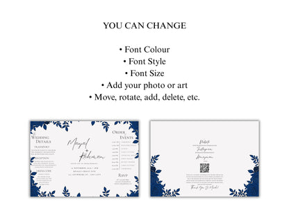 Elegant Gatefold Wedding Invitation | Blue Floral Printable Invite | Modern Ceremony Reception Card | Editable Template. WI133