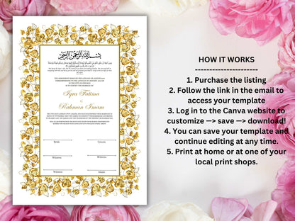 Luxury Nikkah Certificate, Premium A4 Islamic Wedding Contract, Nikkah Nama, Muslim Marriage Certificate, Personalised Names, A4, A3. NN215