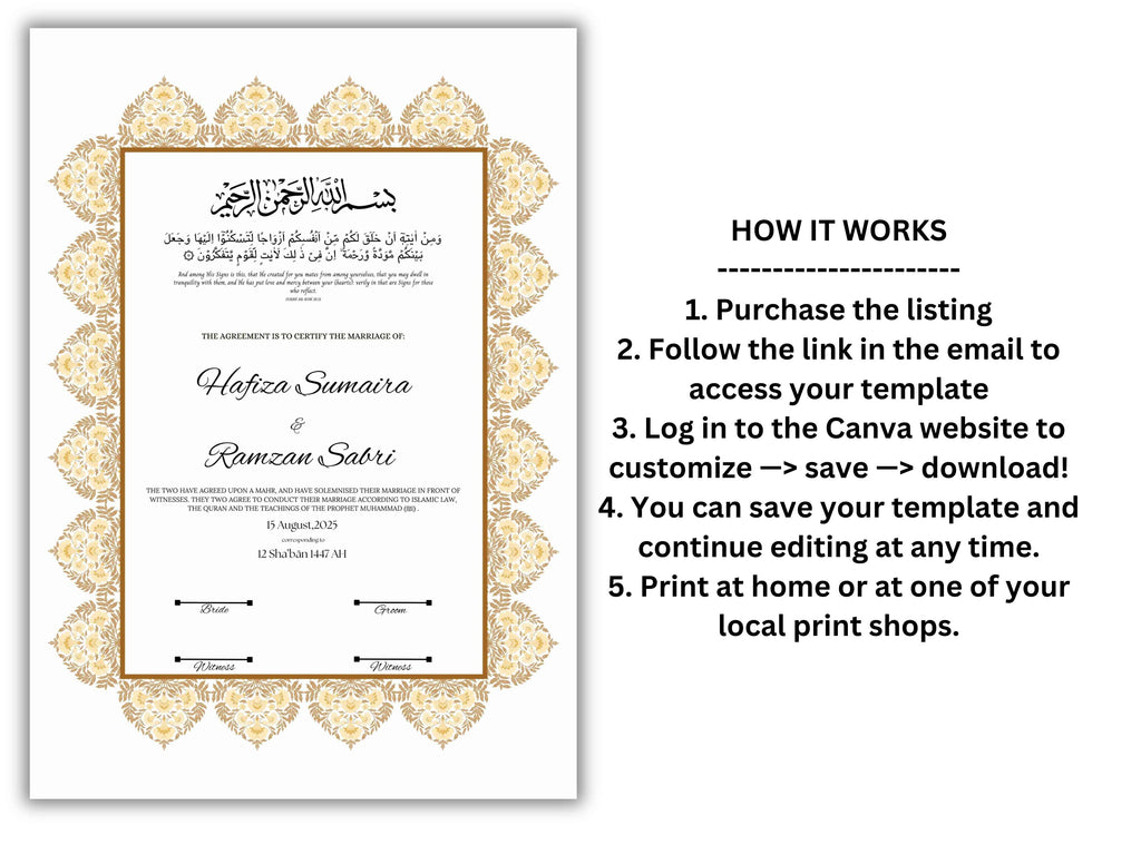 Luxury Nikkah Certificate, Premium A4 Islamic Wedding Contract, Nikkah Nama, Muslim Marriage Certificate, Personalised Names, A4, A3. NN295