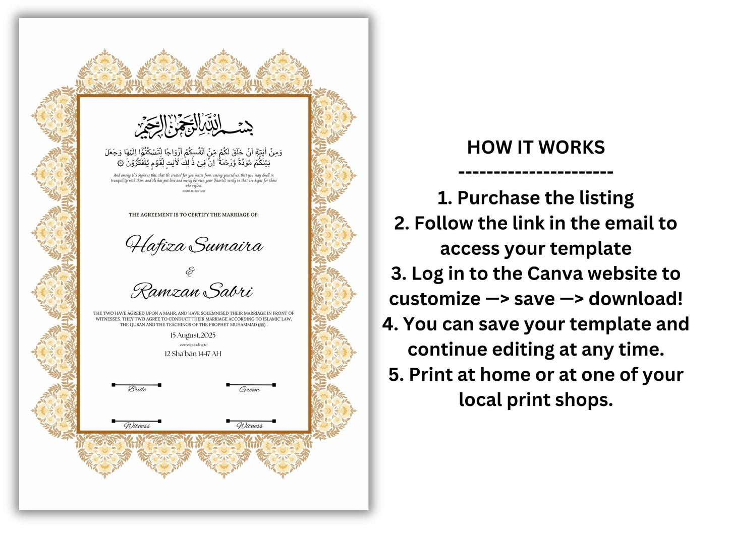 Luxury Nikkah Certificate, Premium A4 Islamic Wedding Contract, Nikkah Nama, Muslim Marriage Certificate, Personalised Names, A4, A3. NN295