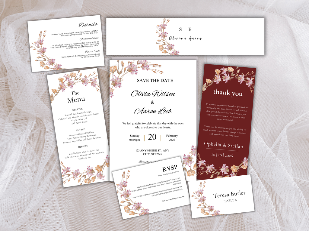 Wedding Invitation Bundle, RSVP, Thank You Card, Table Card, Menu Card, Reception Card, Details Card. Wedding Bottle Label. WI280