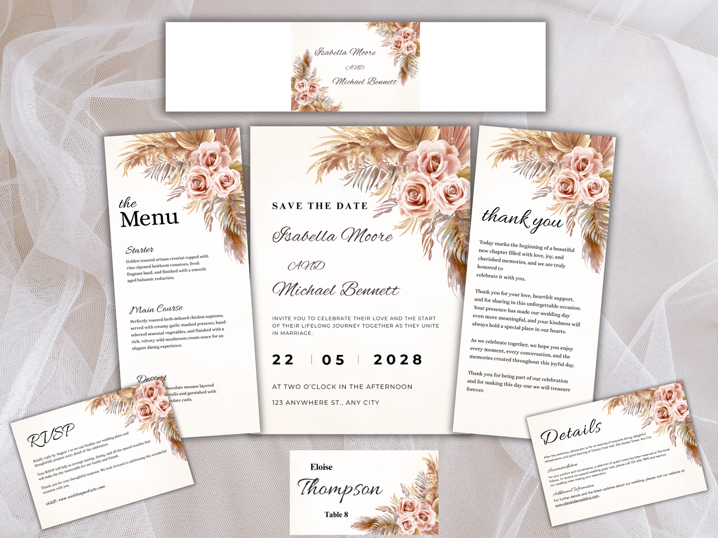 Bohemian Floral Wedding Invitation Suite, Neutral Rose Wedding Invite, Canva Editable Wedding Bundle | MTC417