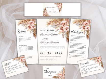 Bohemian Floral Wedding Invitation Suite, Neutral Rose Wedding Invite, Canva Editable Wedding Bundle | MTC417