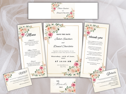 Luxury Floral Wedding invitation Bundle, Editable Canva Template, Details, RVSP, Instant Download MTC399