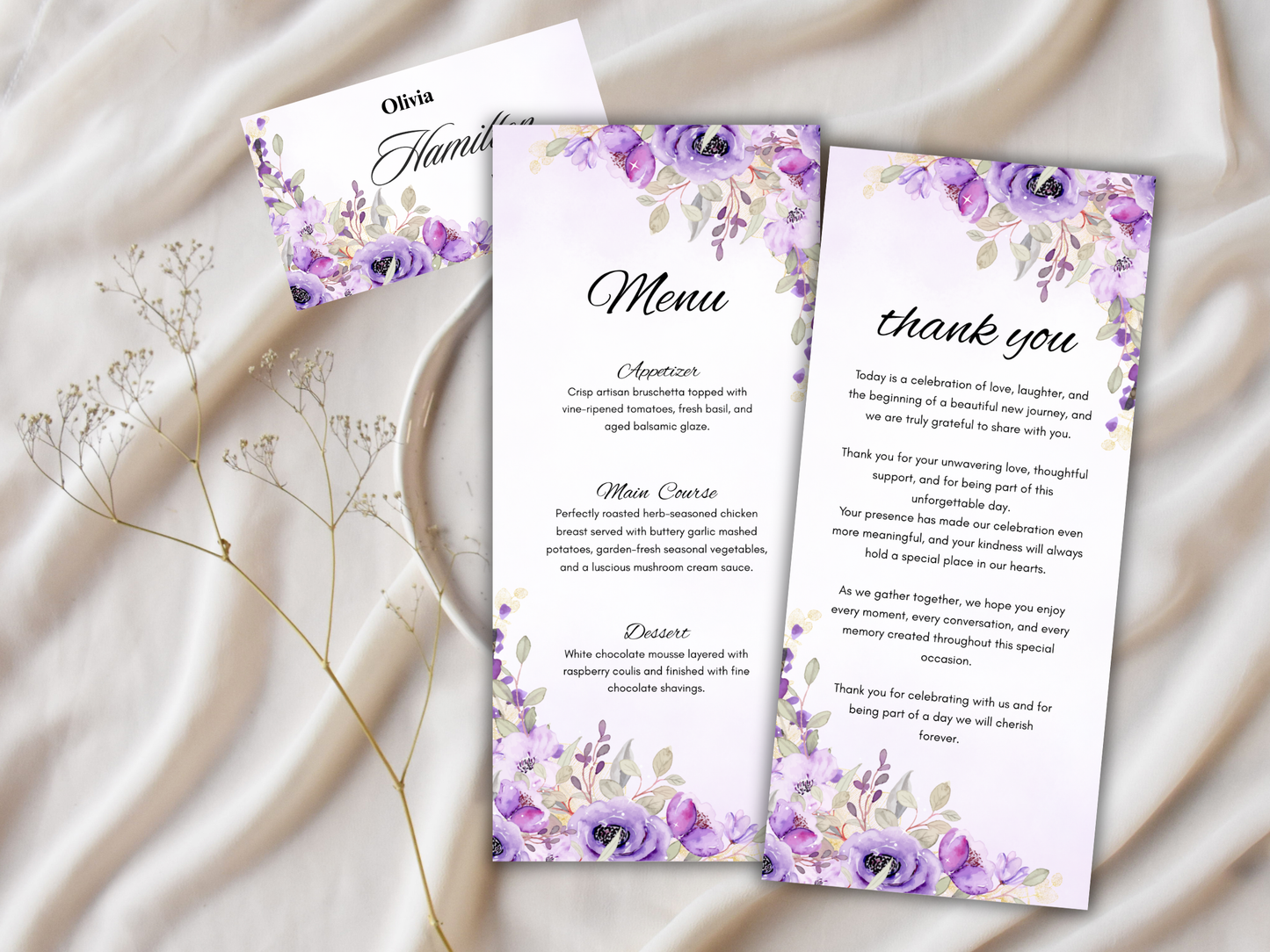 Wedding Menu, Thank You & Table Cards, Editable Canva Template WI400