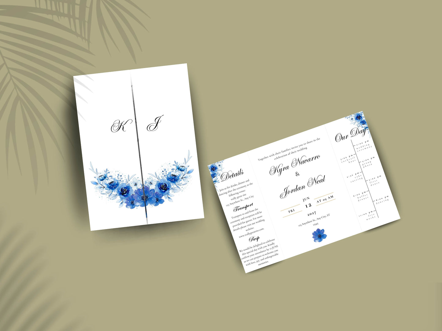 Elegant Blue Floral Wedding Invitation Template | Modern Folded Wedding Invite with Timeline | Printable Wedding Suite. WI150