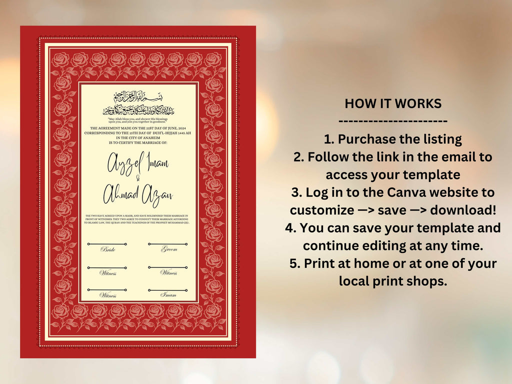 Rose Nikkah Certificate Template, Editable Nikkahnama, Printable Nikah Contract, Muslim Contract, Red Nikkah Islamic Marriage Contract.NN253