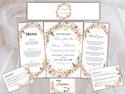 Botanical Wedding invitation Bundle,  Menu, Details, RVSP, Bottle Label, Instant Download MTC405