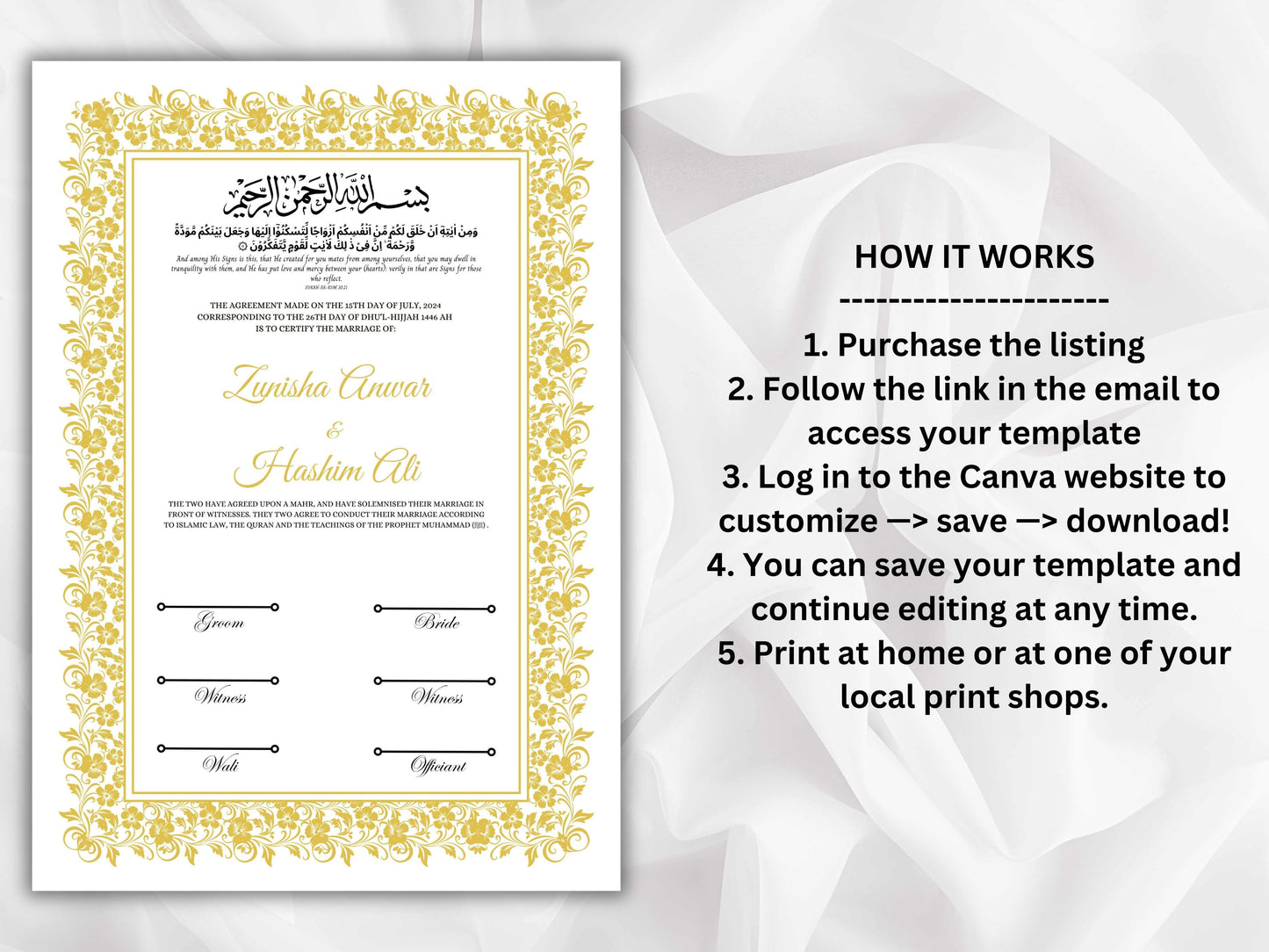 Nikkah Certificate Template, Traditional Islamic Wedding Agreement, Marriage Contract Wedding, Marriage Certificate Template, A4, A3. NN261