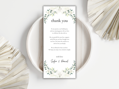 Wedding Menu & Thank You Card Template | Editable Printable Table Place Card. WI203