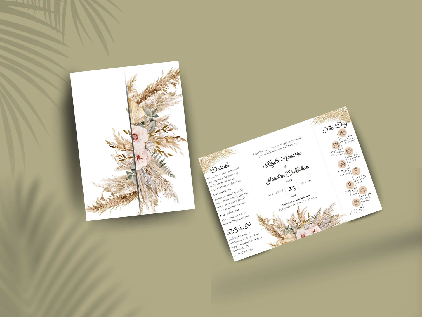 Rustic Gatefold Wedding Invitation | Boho Folded Invite with Timeline | Neutral Beige Floral Wedding Card | RSVP. WI142