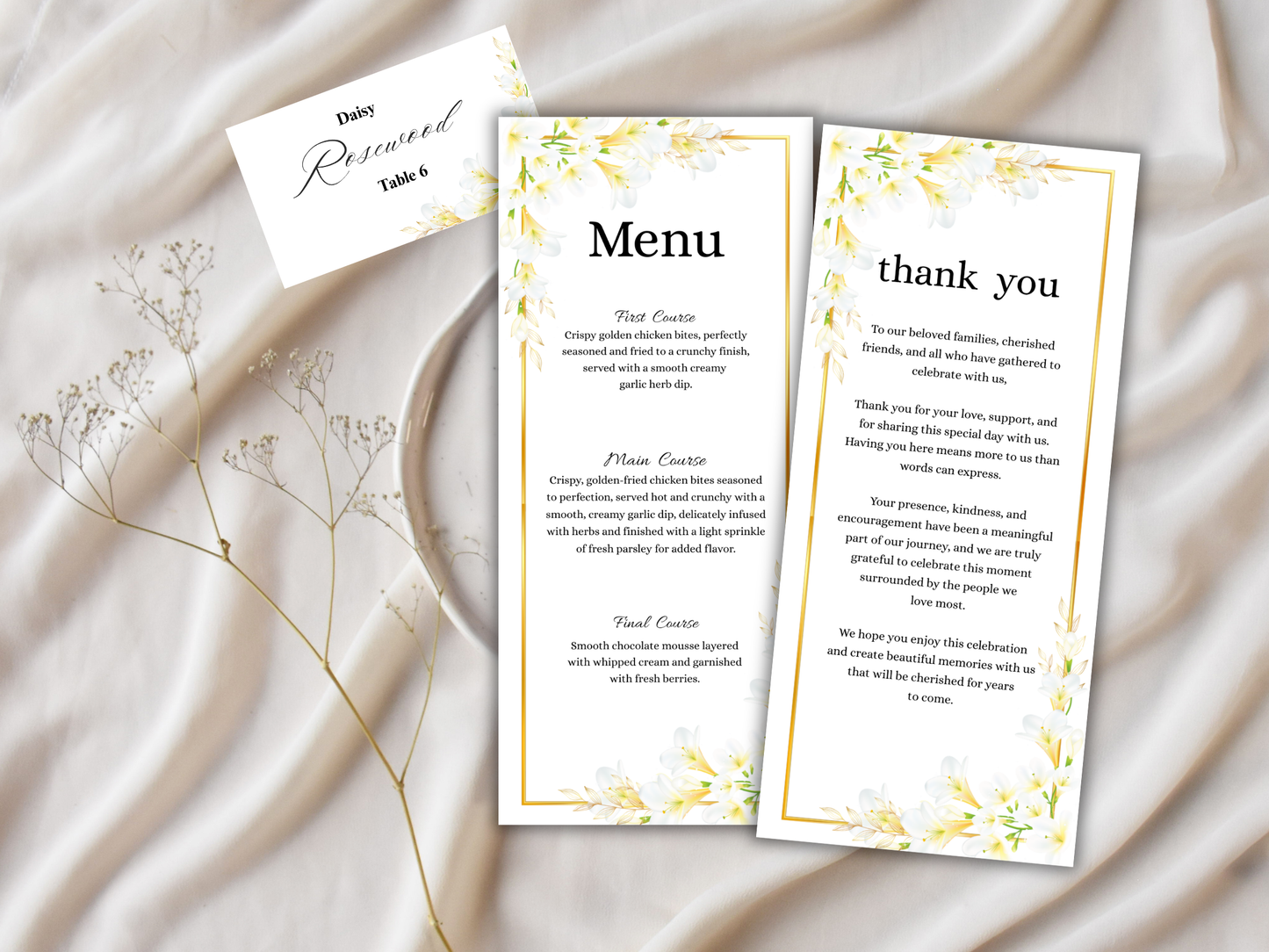 Wedding Thank you Card, Menu Card, Table Card. WI372