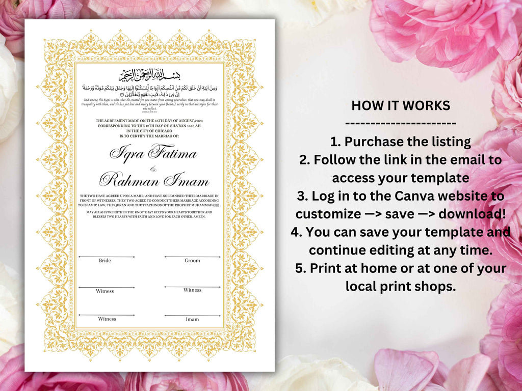 Premium Nikkah Contract , Custom Nikkah Nama | Islamic Wedding Contract, Digital, Printable Nikkah Certificate , Intricate. NT222