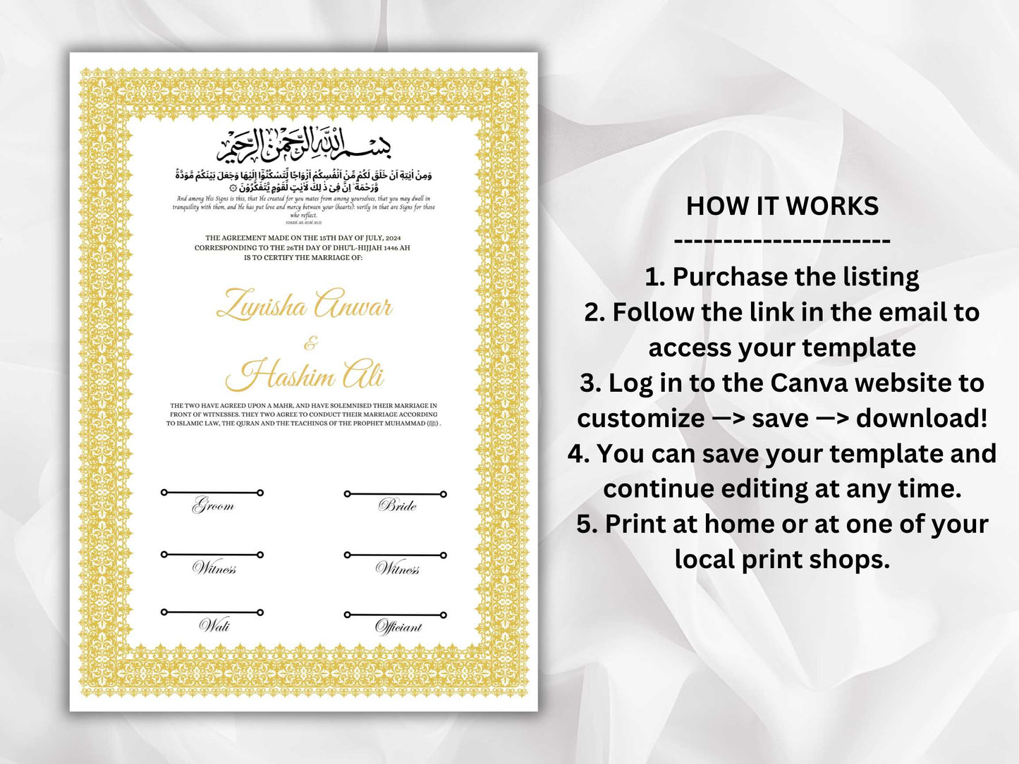 Nikkah Certificate Template, Traditional Islamic Wedding Agreement, Marriage Contract Wedding, Marriage Certificate Template, A4, A3. NN264