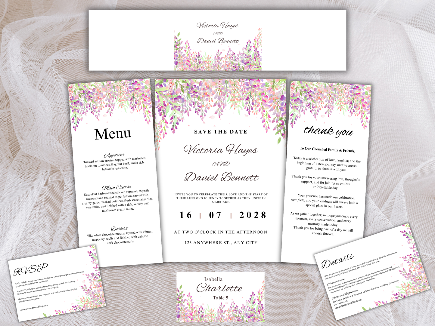 Wisteria Wedding Invitation Bundle, Editable Suite, RSVP, Menu, Details & Thank You Card MTC 423