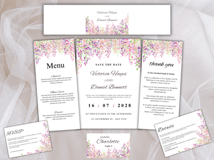 Wisteria Wedding Invitation Bundle, Editable Suite, RSVP, Menu, Details & Thank You Card MTC 423