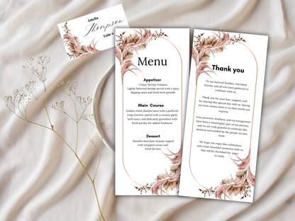 Boho Wedding Menu, Thank You, Table Cards (Editable Template) WI388