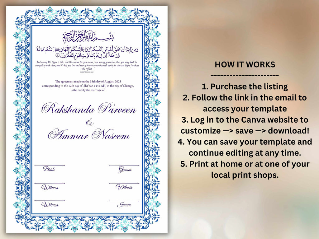 Nikkah Certificate Digital Download Personalised, A4, A3, Template, Editable, Nikkah Nama, Nikkah Contract, Muslim Contract. NN242