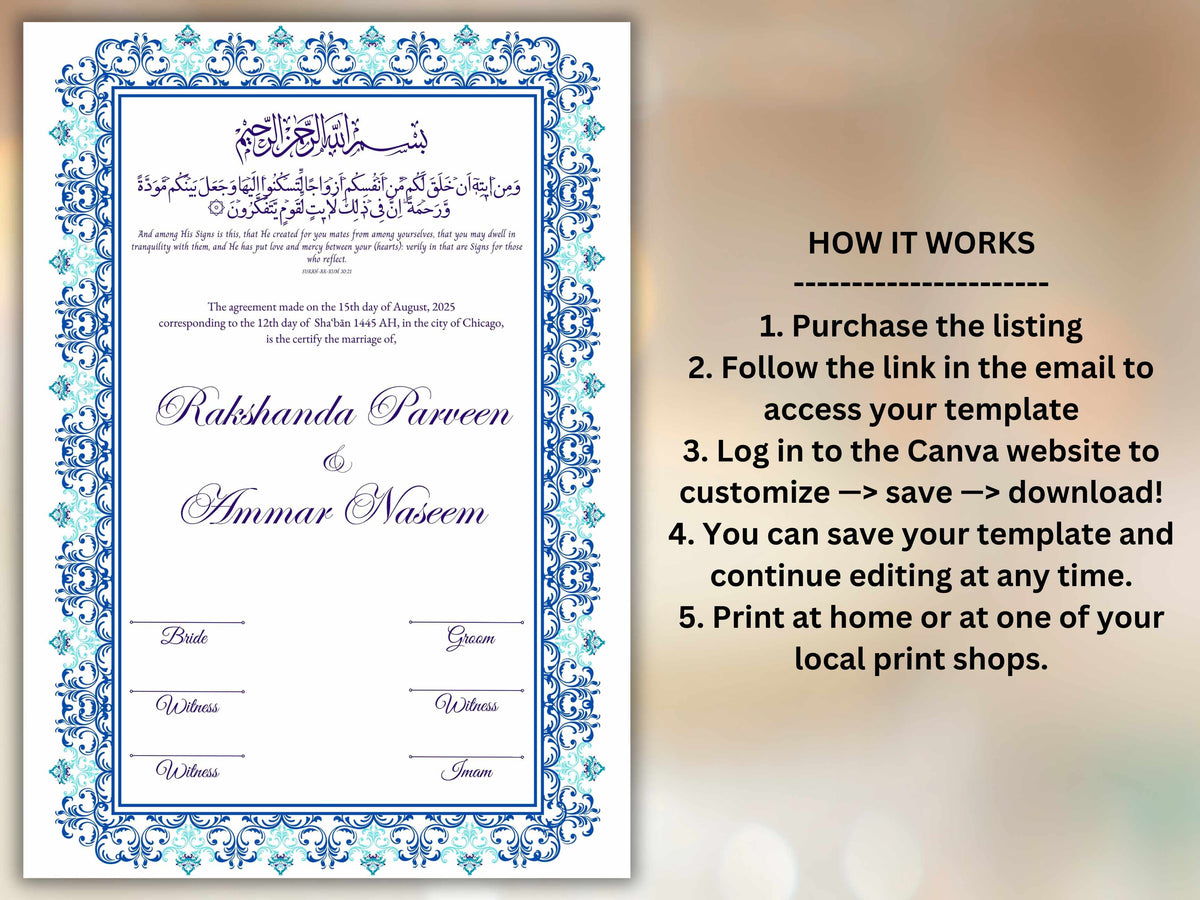 Nikkah Certificate Digital Download Personalised, A4, A3, Template, Editable, Nikkah Nama, Nikkah Contract, Muslim Contract. NN242