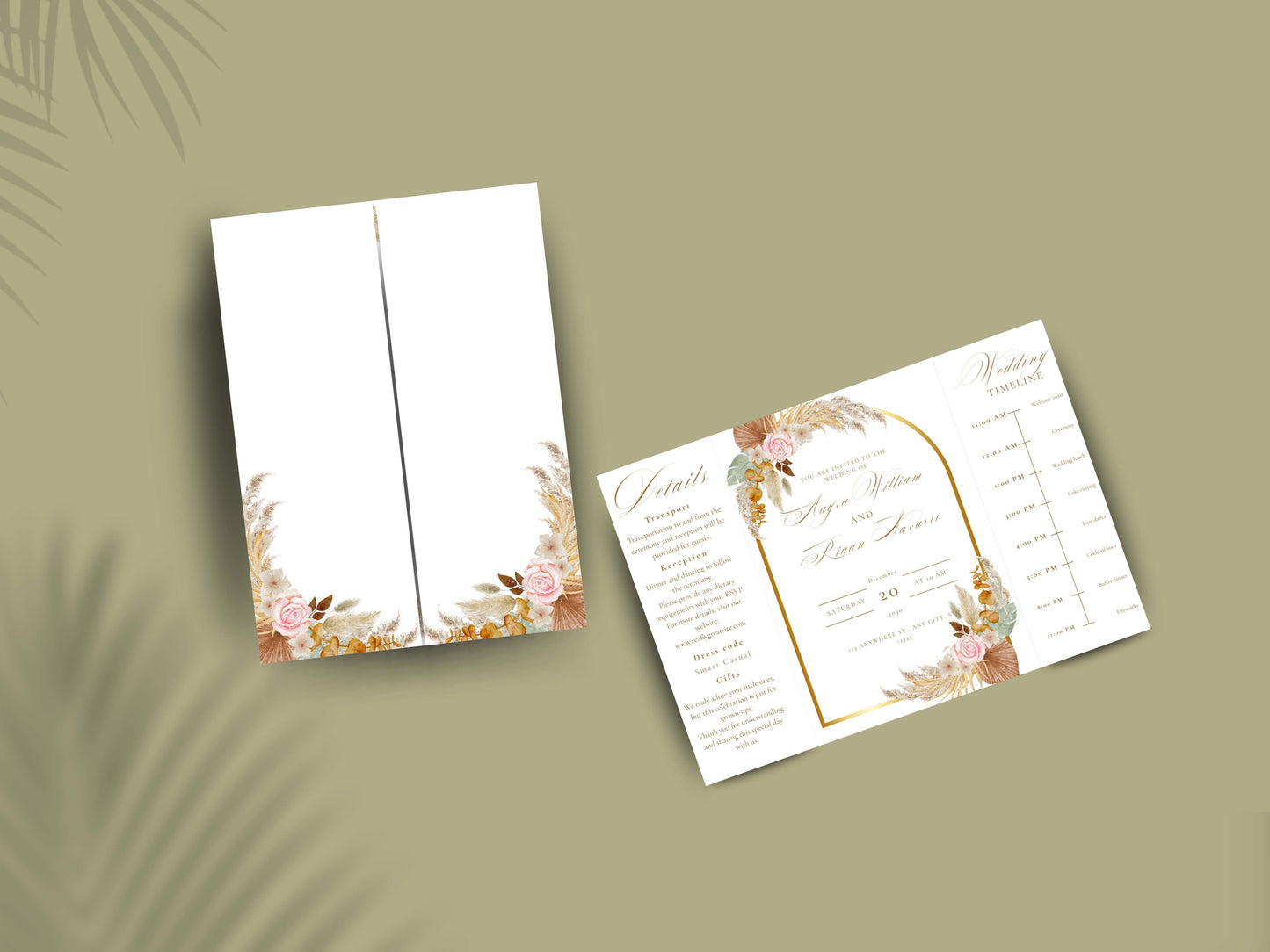 Elegant Wedding Invitation Template | Boho Floral Arch Invite with Timeline | Printable Details Card | Modern Wedding Stationery Suite.WI149