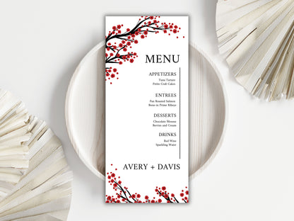 Red Floral Wedding Menu & Thank You Card Template .WI192