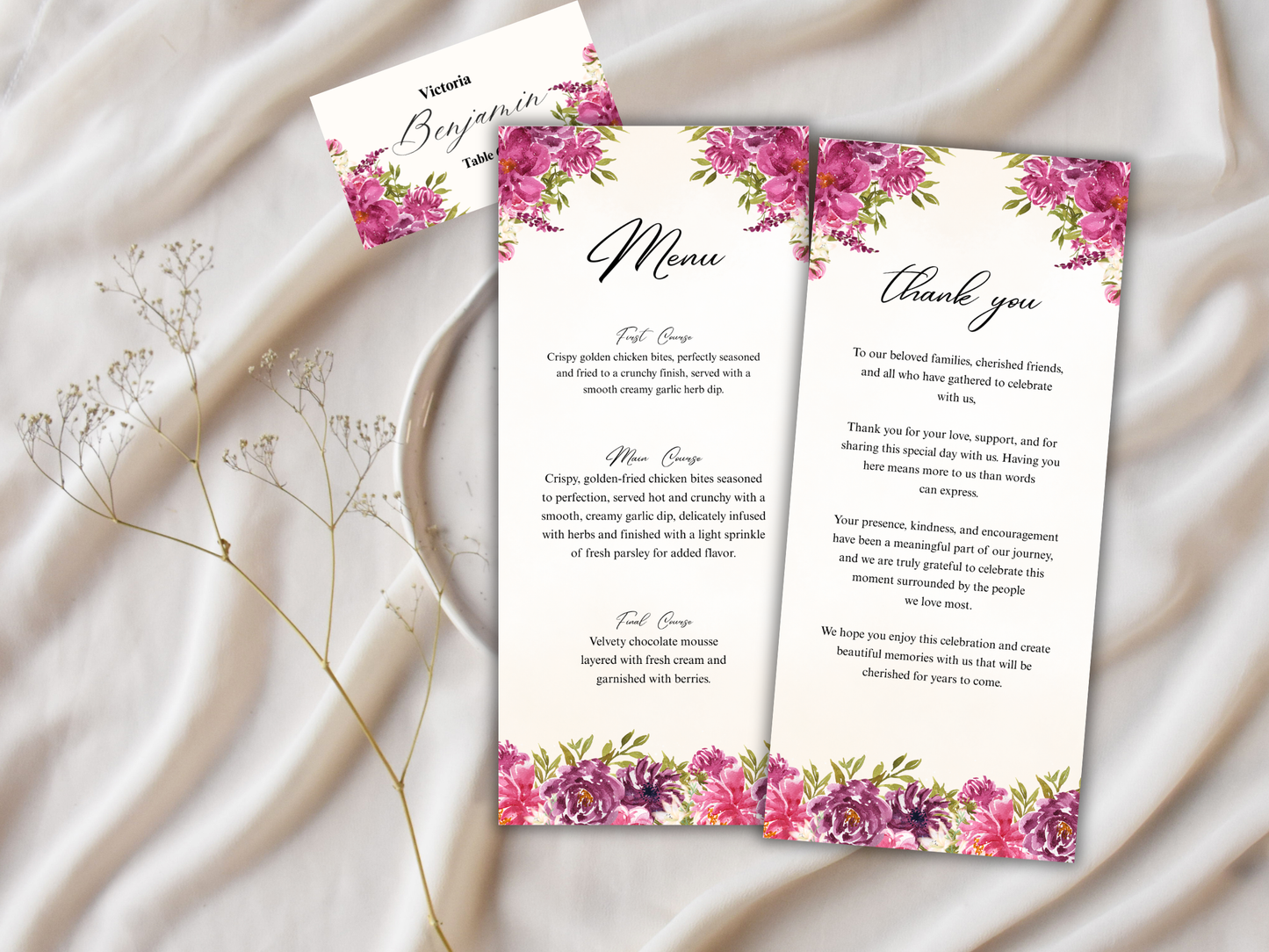 Wedding Thank you Card, Menu Card, Table Card. WI367
