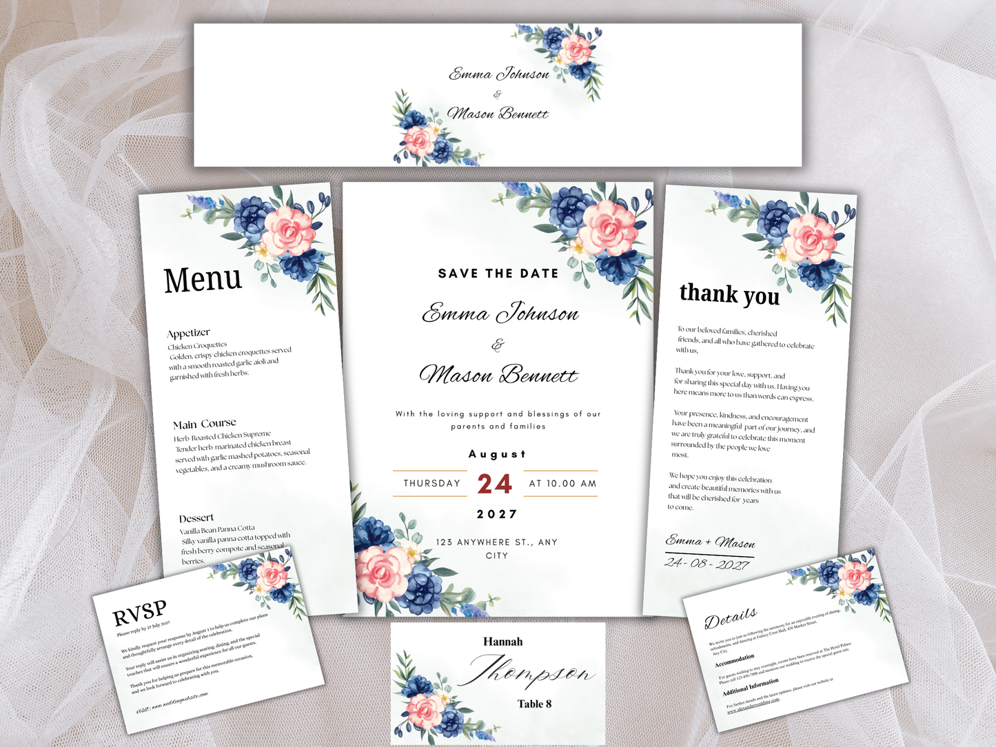 Navy Blue Floral Wedding Invitation Suite, Editable RSVP, Details, Menu & Thank You (Digital Download) | MTC391