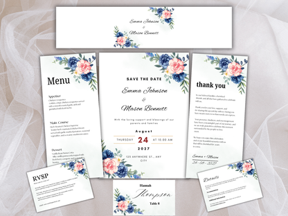 Navy Blue Floral Wedding Invitation Suite, Editable RSVP, Details, Menu & Thank You (Digital Download) | MTC391
