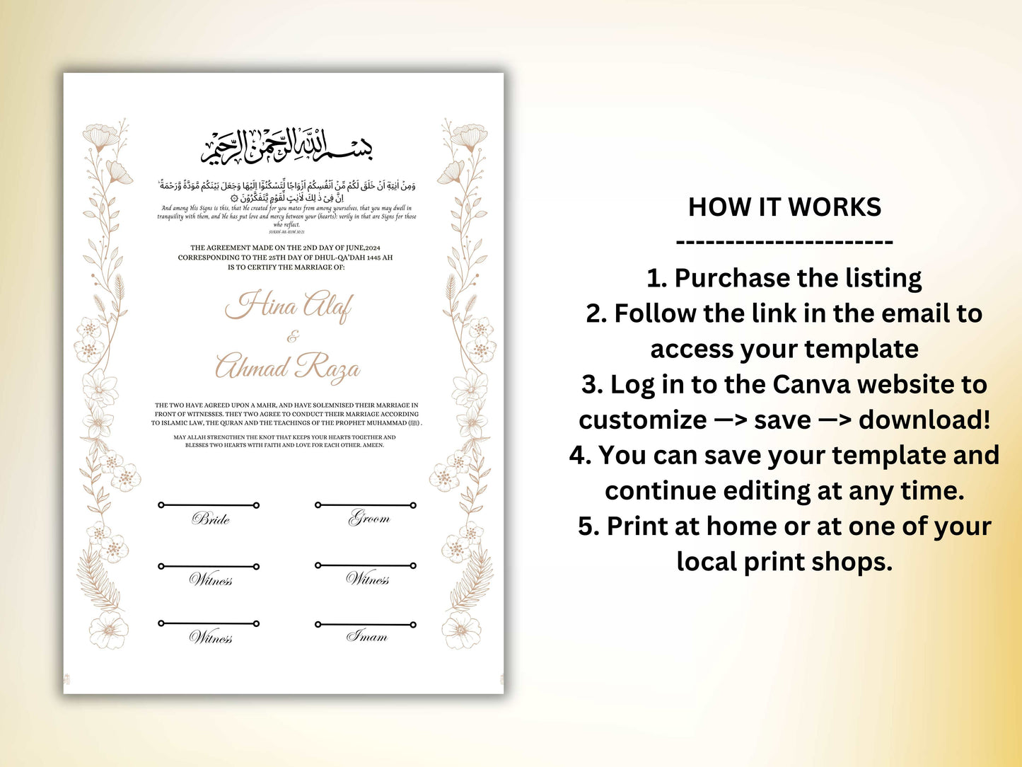 Luxury Nikkah Certificate, Premium A4 Islamic Wedding Contract, Nikkah Nama, Muslim Marriage Certificate, Personalised Names, A4, A3. NN251