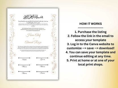 Luxury Nikkah Certificate, Premium A4 Islamic Wedding Contract, Nikkah Nama, Muslim Marriage Certificate, Personalised Names, A4, A3. NN251