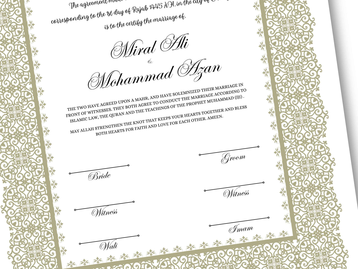 A4/A3 Nikkah Certificate, Nikkah Contract Template Editable, Printable Nikkahnama Template Marriage Contract. NN199