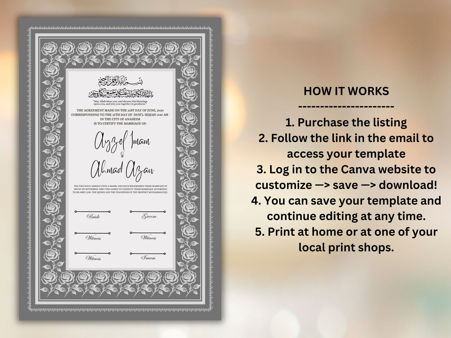 Rose Nikkah Certificate Template, Editable Nikkahnama, Printable Nikah Contract, Muslim Contract, Nikkah Islamic Marriage Contract.NN255