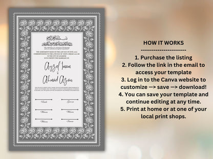 Rose Nikkah Certificate Template, Editable Nikkahnama, Printable Nikah Contract, Muslim Contract, Nikkah Islamic Marriage Contract.NN255