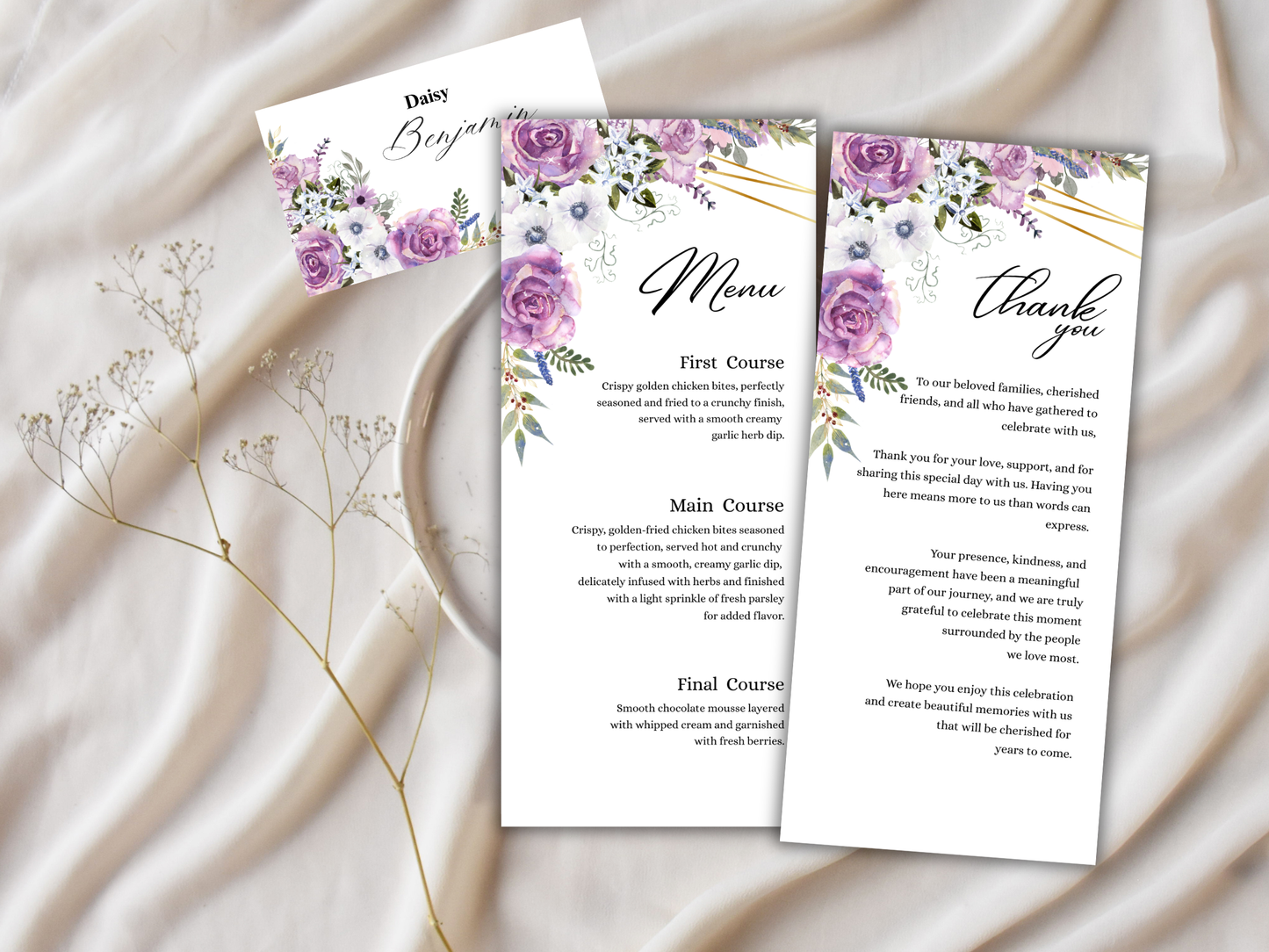 Floral Wedding Menu, Thank You, Table Cards (Editable Canva Template) WI378