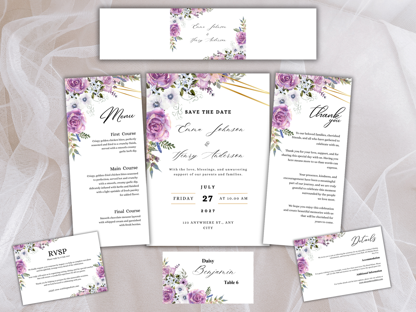 Lavender Floral Wedding Invitation Suite, Editable RSVP, Details, Menu & Thank You  (Digital Download) MTC379