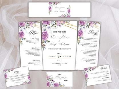 Lavender Floral Wedding Invitation Suite, Editable RSVP, Details, Menu & Thank You  (Digital Download) MTC379