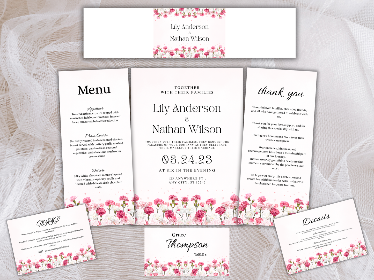 Elegant Carnation Reception Bundle, RSVP, Details, Thankyou, Menu, Digital Download MTC425